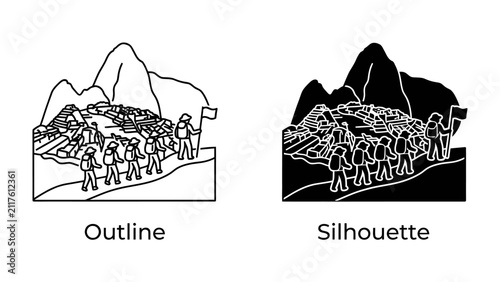 Фотография Mountain Climbing Team: A group of hikers embark on a challenging ascent up a rugged mountain, depicted in both outline and silhouette forms, symbolizing perseverance and adventure