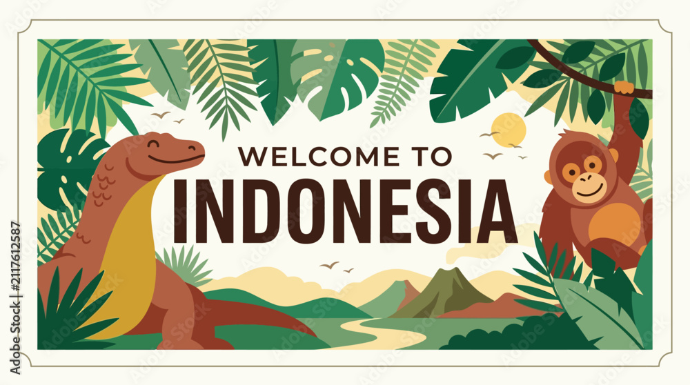 Naklejka premium An inviting flat design vector illustration displaying 'WELCOME TO INDONESIA' typography, integrating abstract elements of a Komodo dragon, an orangutan, and tropical leaves, rendered in a warm.