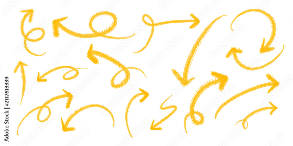 Obraz premium Set of hand drawn golden arrows, arrow png
