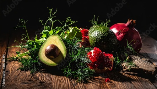 Healthy avocado and pomegranate on rustic dark wooden table.