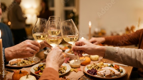 Family toasting with white wine at Thanksgiving dinner. Close-up of hands clinking glasses during festive holiday celebration meal.