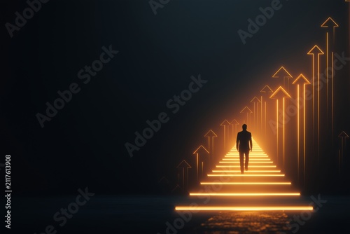 Conceptual image of a businessman climbing a glowing staircase made of upward arrows, growth and ambition metaphor, dark background, motivational concept
