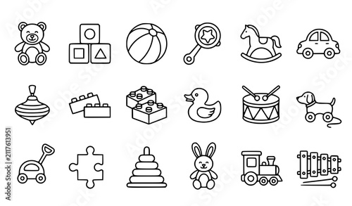 Konstfotografi Classic Children Toys and Baby Nursery Objects Minimal Line Art Vector Icon Set