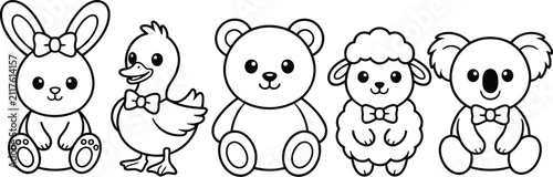 Black outline vector illustration set of cute cartoon baby animals including bunny duck bear sheep koala for coloring page.
