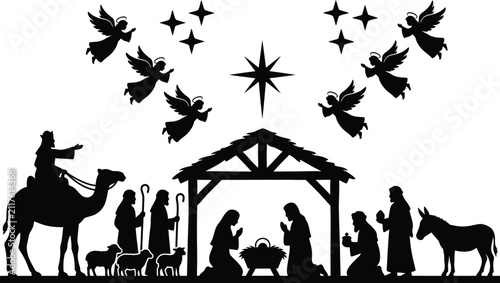 Bild auf Leinwand Nativity Scene Silhouette Against White Background Religious Illustration
