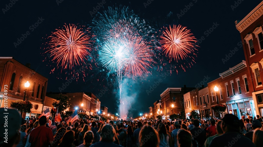 Obraz premium The Fireworks Display Over a Lively Street Festival at Night