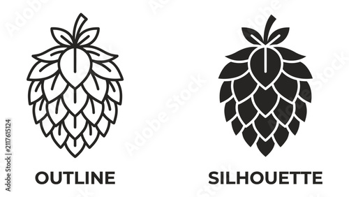Принти на полотні Hop Icon Outline and Silhouette: Two distinct representations of a hop cone, one as a clean outline and the other as a solid silhouette, symbolizing brewing ingredients or graphic design elements