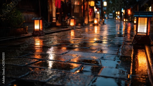 Plakat 雨上がりの石畳に行灯の光が反射する日本の夜の路地風景