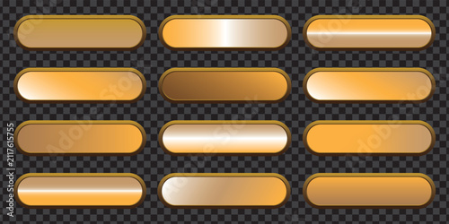 3D gold badge button frame—a rectangular gold button icon with rounded corners set against a dark background—serving as a premium nameplate for web UI design.