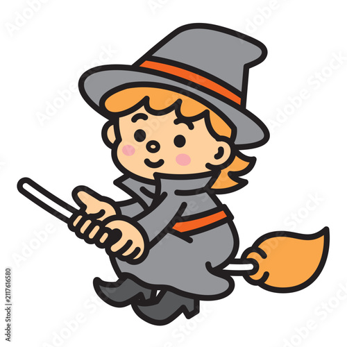ほうきで飛ぶかわいい魔女　ハロウィンキャラクターイラスト