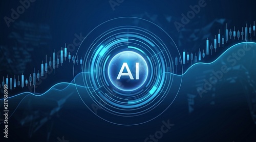 Artificial Intelligence AI Glowing Sphere Logo with Financial Stock Market Graph Trading Chart Background

