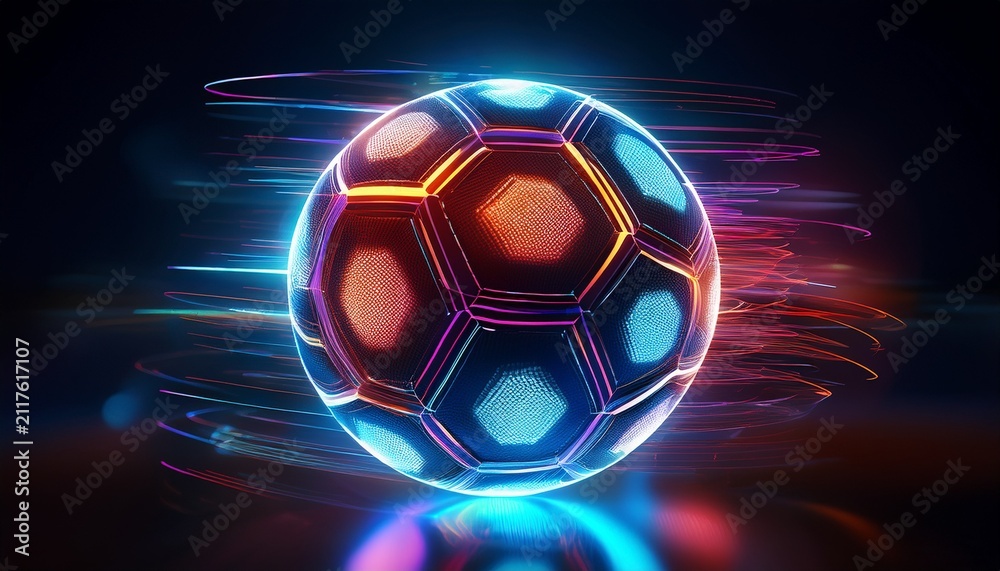 Naklejka premium futuristic neon digital soccer ball with glowing motion trails