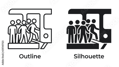 Canvastavla Public Transport Iconography: A set of line and silhouette icons representing people boarding and disembarking a public transport vehicle, symbolizing movement and commuting