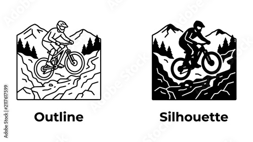 Photography Mountain Bike Adventure: Dynamic outline and silhouette illustrations depict a cyclist navigating a challenging downhill trail amidst rugged mountains and pine trees