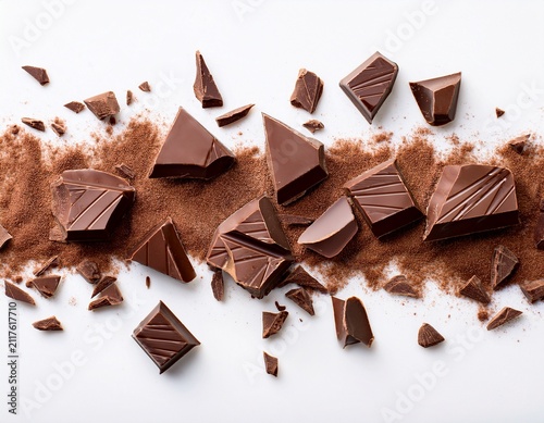 top view line of chocolate shards isolated on white background