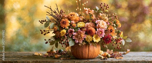 Autumn floral arrangement in a pumpkin vase on a wooden table with scattered berries