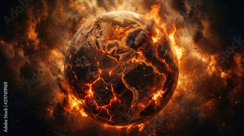Apocalyptic Earth Burning in Flames Global Catastrophe Concept.