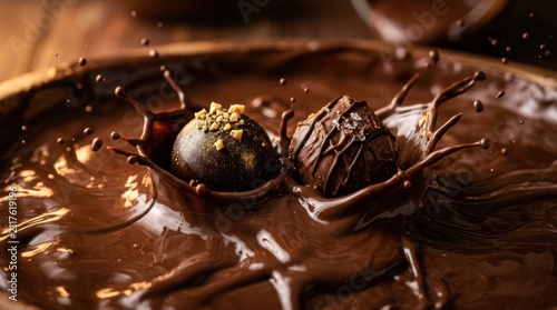 Delicious Chocolate Truffles Splashing into Molten Chocolate.