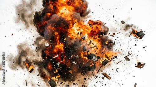 Dramatic Explosion with Fiery Debris and Dark Smoke Against White Background.