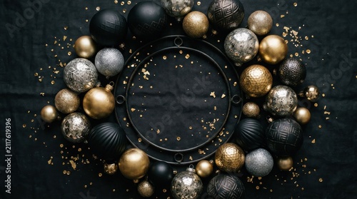 Elegant Black and Gold Christmas Wreath with Ornaments.