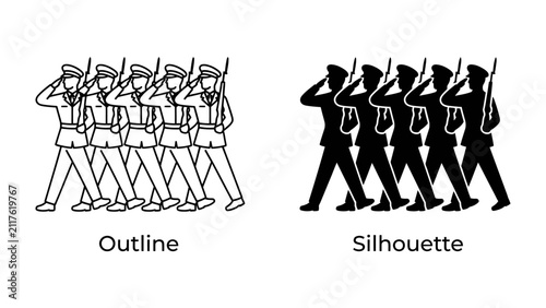 Canvastavla Marching Soldiers: Two distinct styles, outline and silhouette, depict a formation of soldiers in crisp uniforms, marching in unison with rifles held high