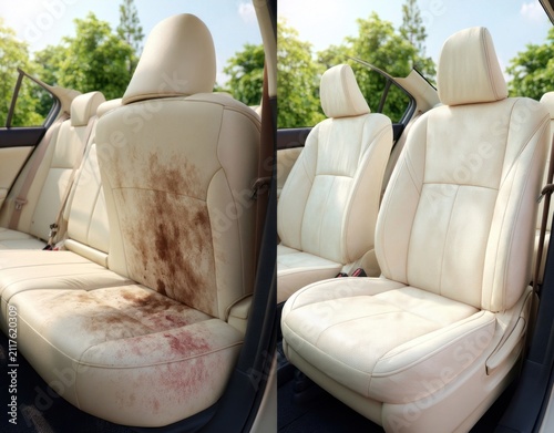 Beige leather car seats before and after deep cleaning
