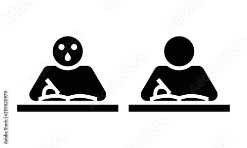 Stressed and calm students studying at desks with open books