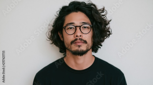 Confident young man with curly hair and glasses in a simple setting