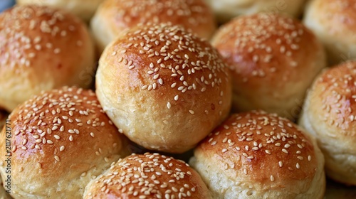 Golden brown sesame seed buns baked to perfection for delicious burgers and sandwiches