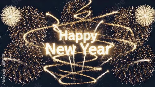 Happy New Year Celebration with Golden Fireworks and Sparkling Text on a Dark Night Sky.