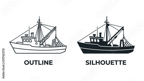 Foto Fishing Trawler Outline and Silhouette: Two stylized depictions of a fishing trawler, one presented as a clean outline and the other as a solid silhouette