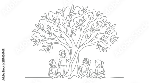 A continuous line drawing of four children gathered under a large olive tree.