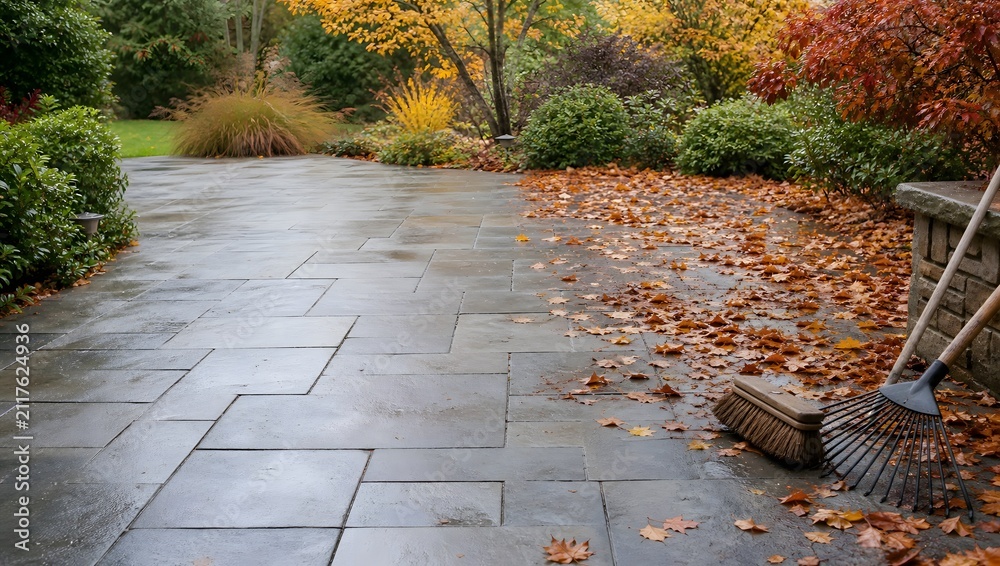 Obraz premium Wet stone patio in fall with fallen leaves and garden tools.