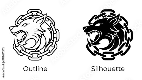 Quadro su tela Wolf Emblem: A powerful wolf head emblem, depicted in both outline and silhouette, is encased by a rugged chain, symbolizing strength, ferocity, and confinement