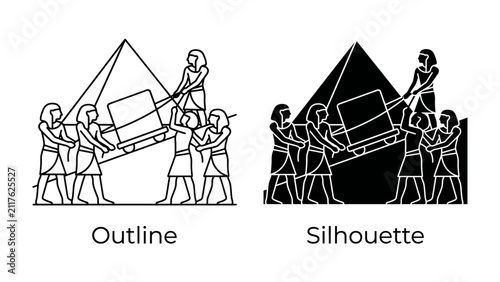 Картината върху платно Ancient Egyptian Construction: An illustration depicts ancient Egyptians working together to move a large stone block up a pyramid structure, showcasing a historic building project