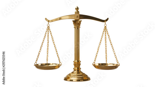 Fotografie Ornate golden balance scales with chains and pans, isolated on transparent backg
