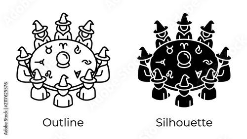 Obraz na płótnie Mystical Gathering: An outline and silhouette set depicting witches in pointed hats gathered around a circular table featuring astrological symbols and a crystal ball