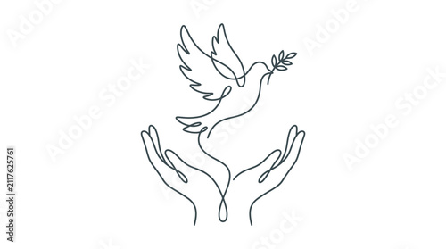 A continuous line drawing of a dove carrying an olive branch above two open hands.