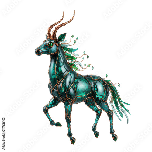 Stained Glass Style Emerald Gazelle Sculpture with Metallic Accents