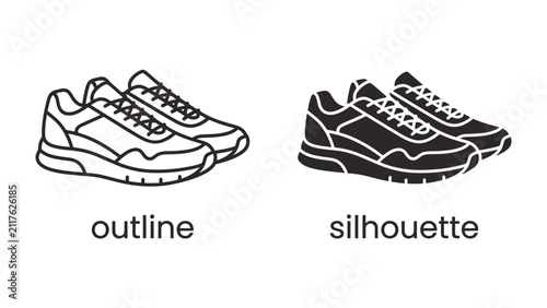 Принти на полотні Sneakers Outline and Silhouette: A pair of modern athletic shoes presented in both an outline and a silhouette graphic representation, offering versatility for design needs