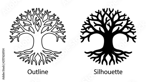 Cuadro en lienzo Tree of Life: Two stylized representations of the Tree of Life, one an outline and the other a silhouette, symbolize growth, connection, and eternal life
