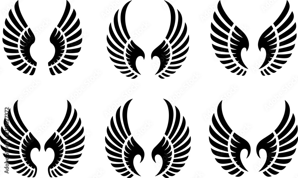 Obraz premium Set of black eagle wings icons. Vector heraldic wing silhouettes for logo design.