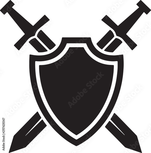 Shield and swords emblem vector icon on transparent background.