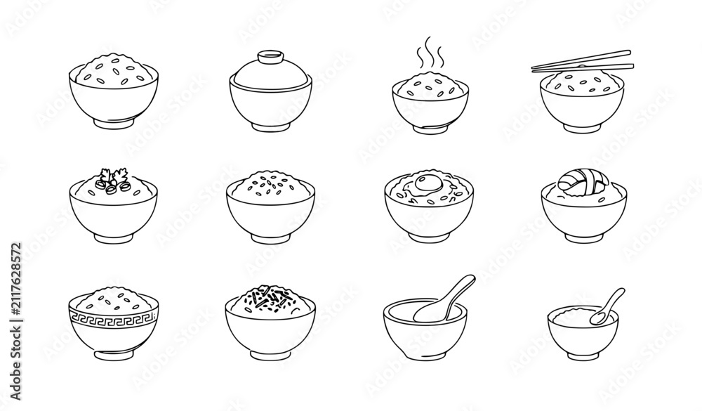 Obraz premium Minimalist Continuous One Line Rice Bowl Food Icon Set Vector Illustration