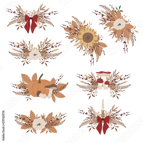 Autumn Floral Arrangements and Fall Botanical Bouquets with Pumpkins, Mushrooms and Sunflowers Vector Set
