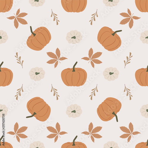 Seamless Autumn Pumpkin Pattern with White Pumpkins and Fall Leaves