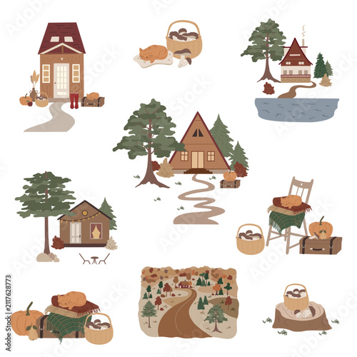 Cozy Autumn Cottage and Forest Cabin Clipart Collection with Pumpkins, Mushrooms and Woodland Nature Vector Set