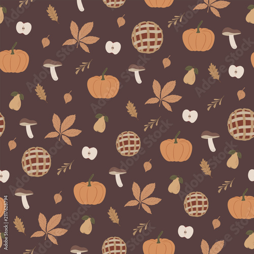 Seamless Autumn Pattern with Pumpkins, Pumpkin Pie, Mushrooms, Pears and Fall Leaves Vector Background