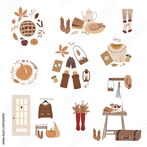 Cozy Autumn Lifestyle Clipart Collection with Fall Home Decor, Clothing and Seasonal Elements Vector Set