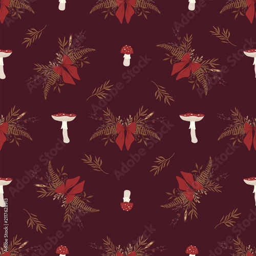 Seamless Christmas Pattern with Red Bows, Woodland Botanical Branches and Mushrooms
